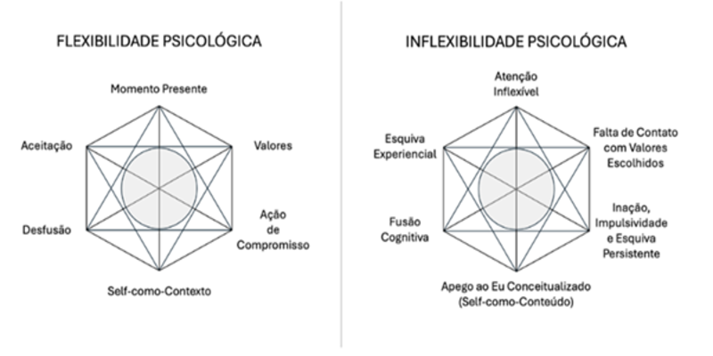Diagrama do modelo Hexaflex comparando flexibilidade psicológica e inflexibilidade psicológica na Terapia de Aceitação e Compromisso (ACT). À esquerda, os seis processos da flexibilidade psicológica: aceitação, desfusão, self-como-contexto, ação de compromisso, valores e momento presente. À direita, os processos correspondentes da inflexibilidade psicológica: esquiva experiencial, fusão cognitiva, apego ao eu conceitualizado, inação ou impulsividade persistente, afastamento dos valores escolhidos e atenção inflexível.