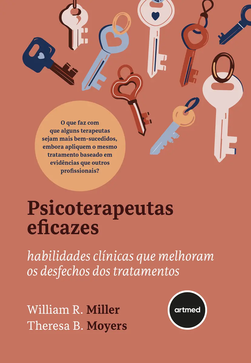 Capa do livro Psicoterapeutas Eficazes, da Artmed, com ilustração de chaves sobre fundo rosado e nomes dos autores William R. Miller e Theresa B. Moyers.