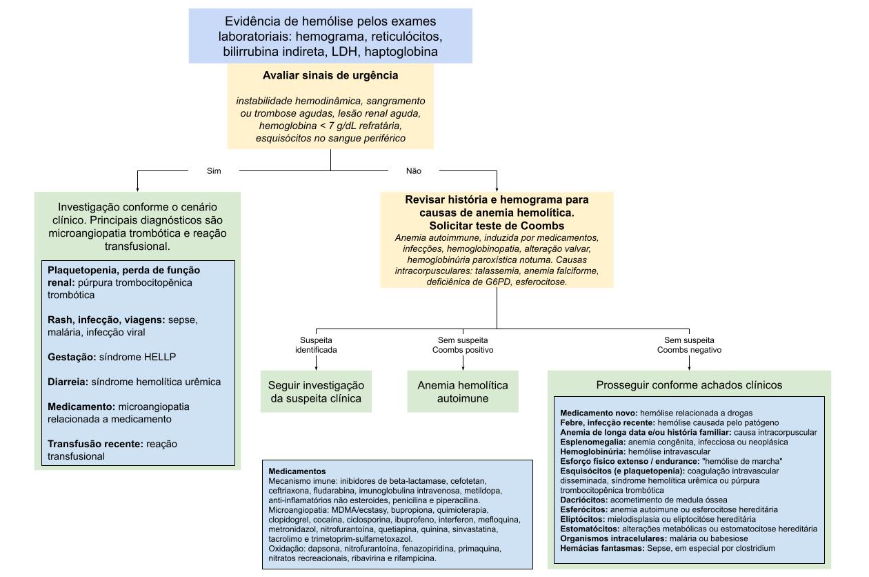 Fluxograma da abordagem diagnóstica da anemia hemolítica, partindo da evidência laboratorial de hemólise, avaliação de sinais de urgência e investigação com história clínica, hemograma, teste de Coombs e achados do esfregaço periférico para diferenciar causas imunes, microangiopáticas, infecciosas, medicamentosas e hereditárias.